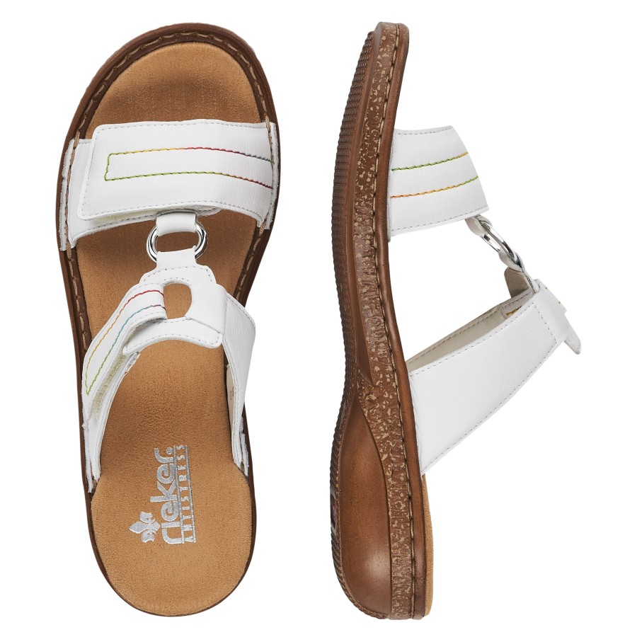 Women Rieker | Rock White Multicolour Stitch Slide Sandal