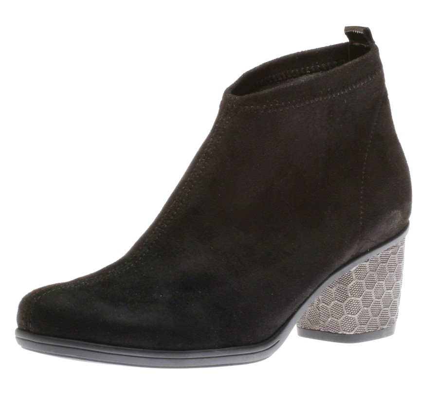 Women Remonte | Microstretch Black Embossed Heel Ankle Boot