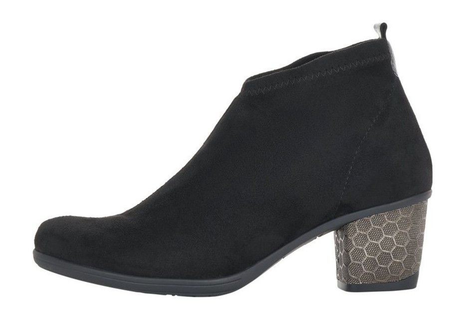 Women Remonte | Microstretch Black Embossed Heel Ankle Boot