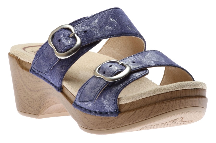 Women Dansko | Sophie Blue Metallic Leather Slide Sandal