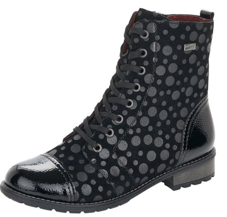 Women Remonte | Largo Black Grey Polka Dot Lace-Up Ankle Boot