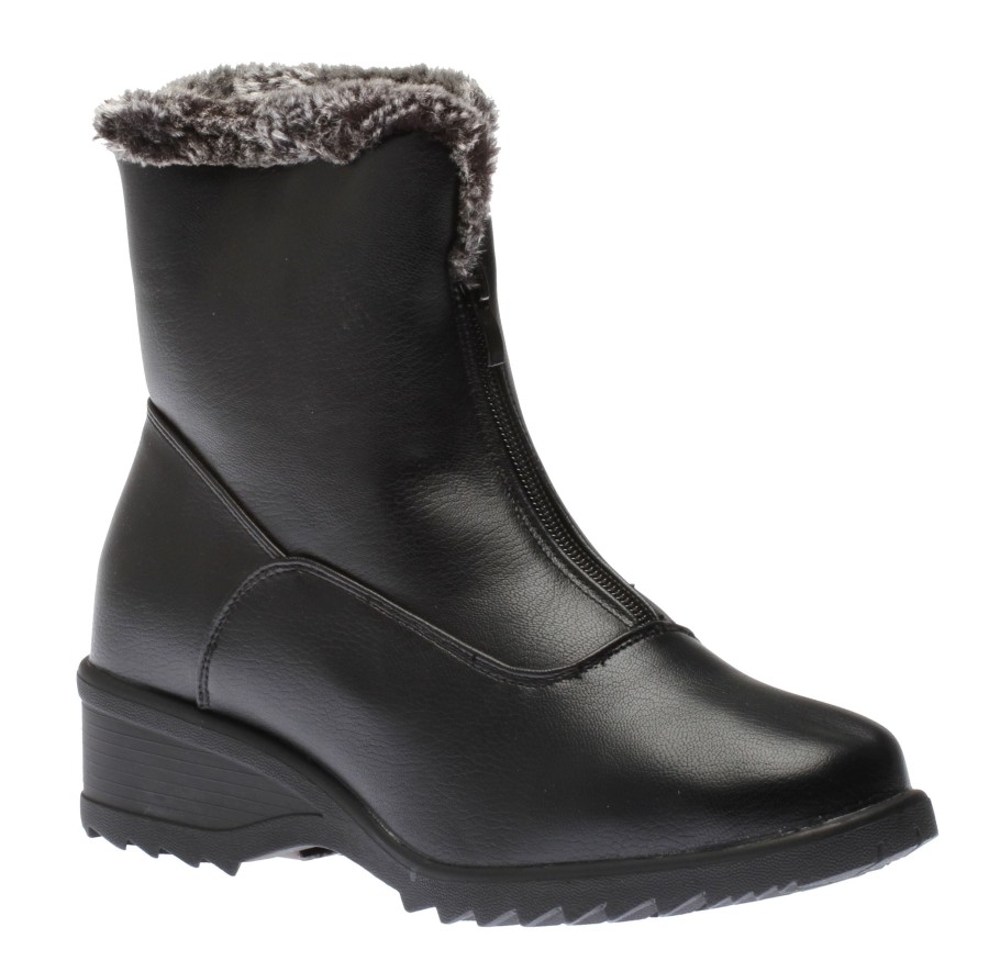 Women Shoe tech | Front Zipper Ice Grip Black Faux Fur Vegan Winter Boot