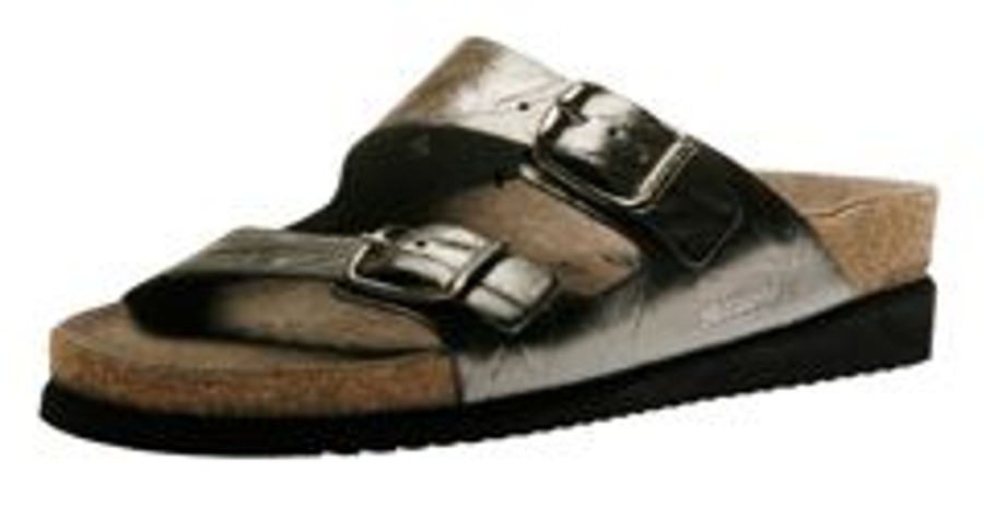 Women Mephisto | Harmony Metallic Grey Leather Crinkle Slide Sandal