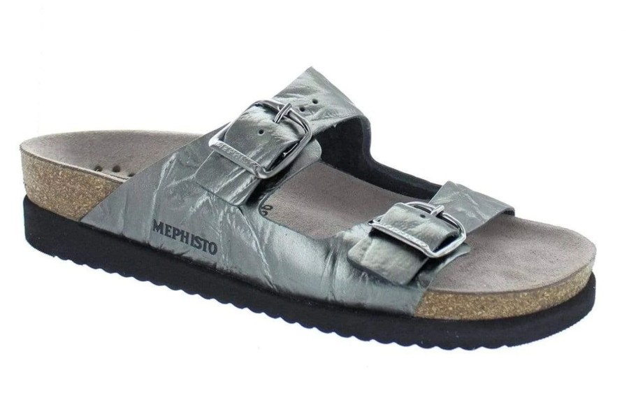 Women Mephisto | Harmony Metallic Grey Leather Crinkle Slide Sandal