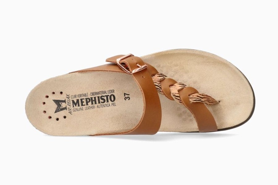 Women Mephisto | Heleonore Camel Brown Zebra Leather Thong Sandal