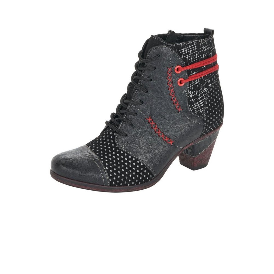 Women Remonte | Ottawa Black Red Print Ankle Boot