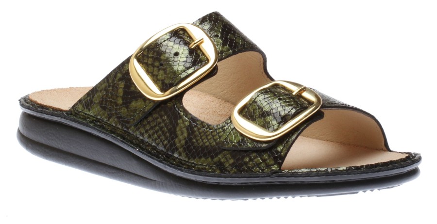 Women Finn Comfort | Lipari Green Snakeskin Patent Gold Buckle Slide Sandal