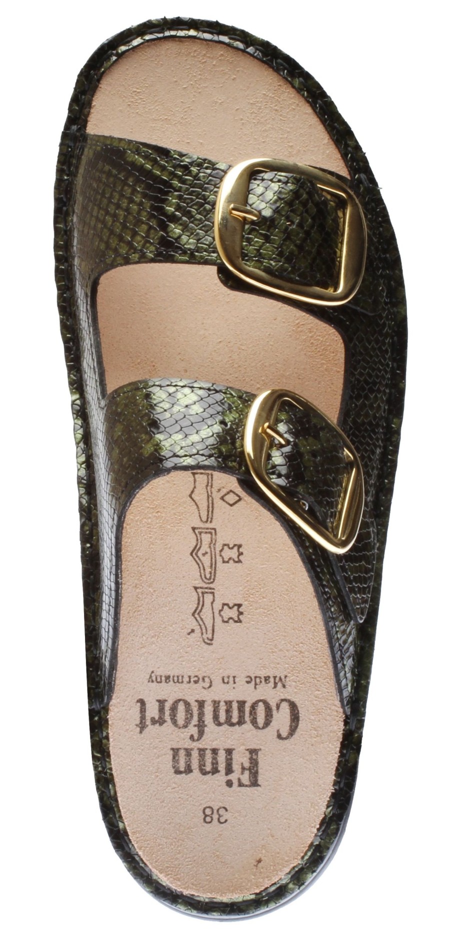 Women Finn Comfort | Lipari Green Snakeskin Patent Gold Buckle Slide Sandal