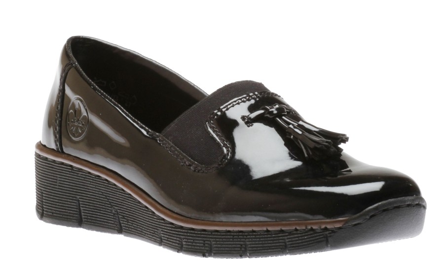 Women Rieker | Softlack Black Patent Tassel Slip-On Loafer