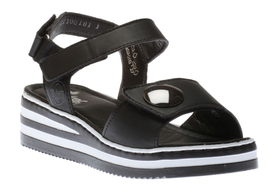 Women Rieker | Luzern Black White Stripe Sole Wedge Sandal