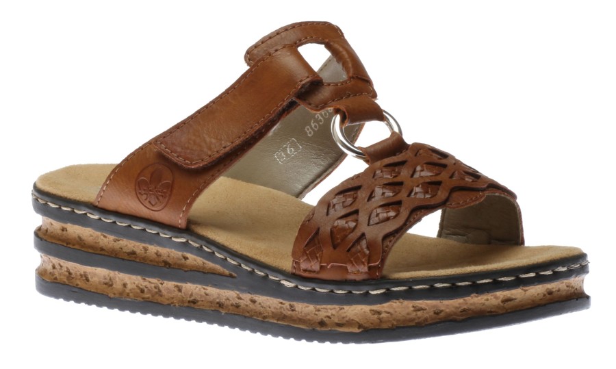 Women Rieker | Eagle Brown Embossed Wedge Slide Sandal