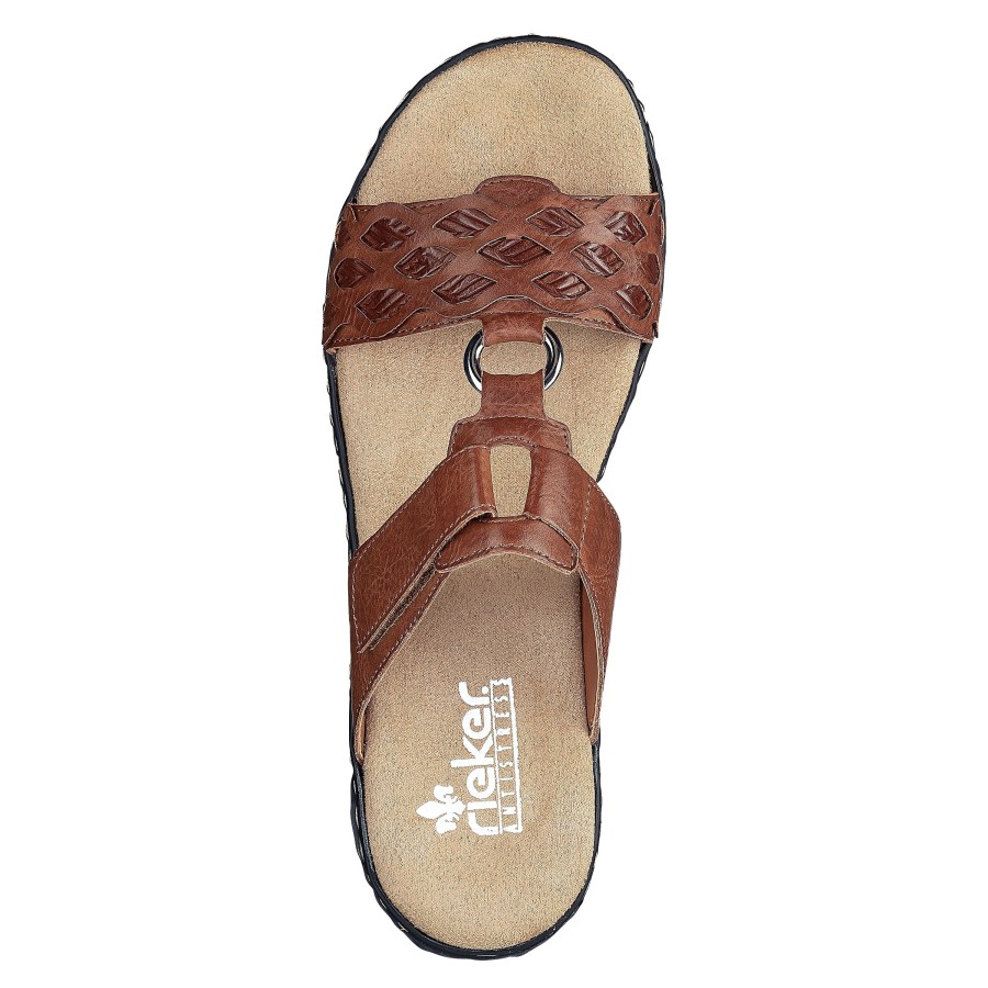 Women Rieker | Eagle Brown Embossed Wedge Slide Sandal