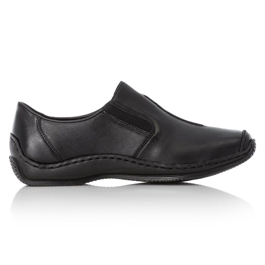 Women Rieker | Lugano Black Leather Elastic Slip-On Shoe