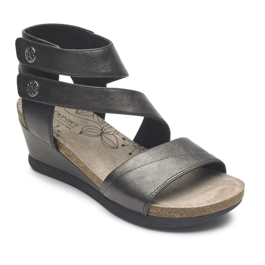 Women Rockport | Shona Black Metallic Leather Asymmetrical Cuff Wedge Sandal