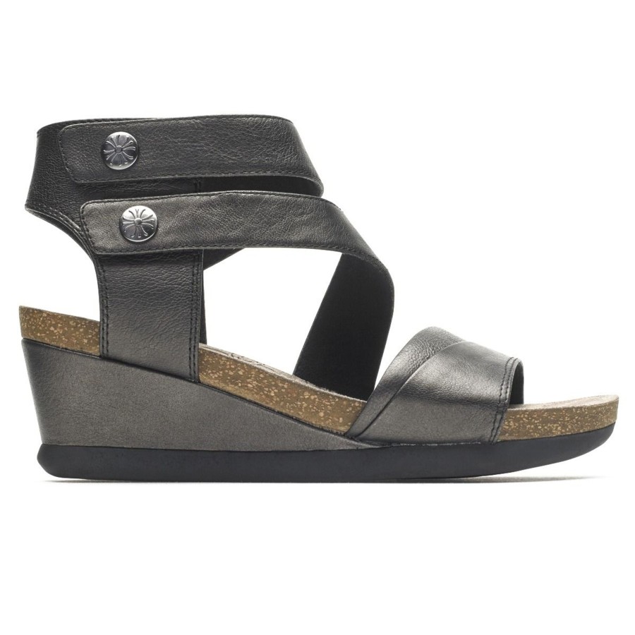 Women Rockport | Shona Black Metallic Leather Asymmetrical Cuff Wedge Sandal