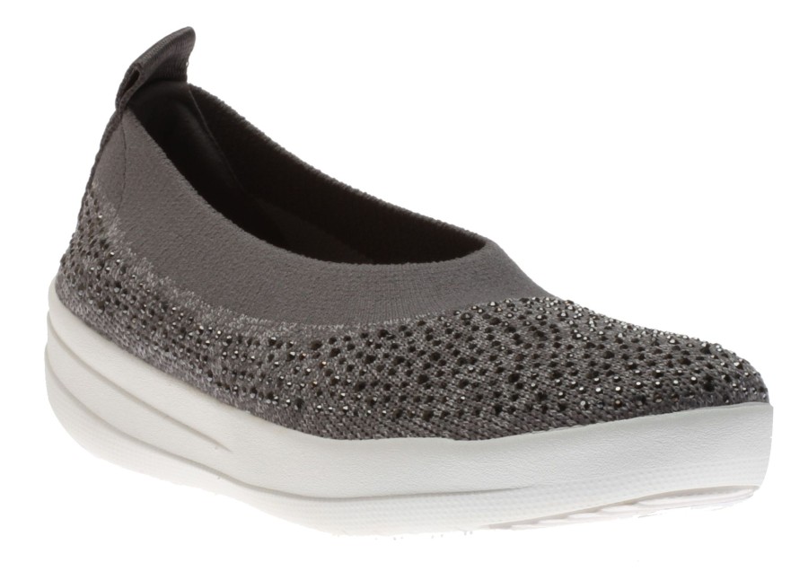 Women Fit Flop | Uberknit Ballerina Crystal Charcoal / Dusty Grey Slip-On Flat