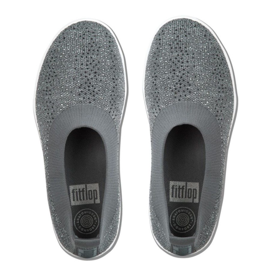 Women Fit Flop | Uberknit Ballerina Crystal Charcoal / Dusty Grey Slip-On Flat