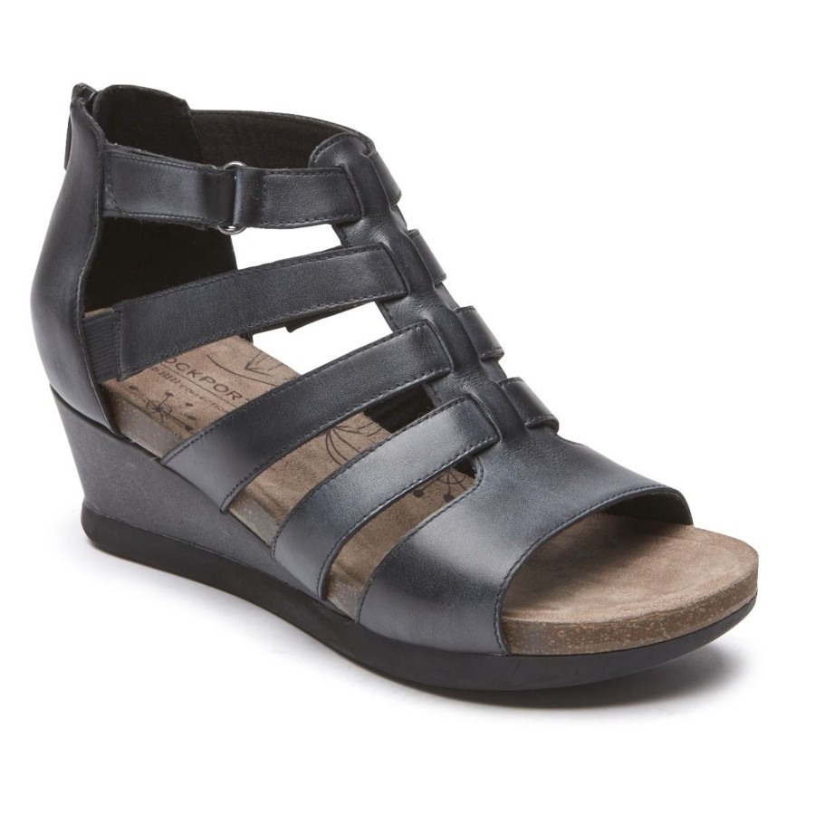 Women Rockport | Shona Black Leather Gladiator Wedge Sandal