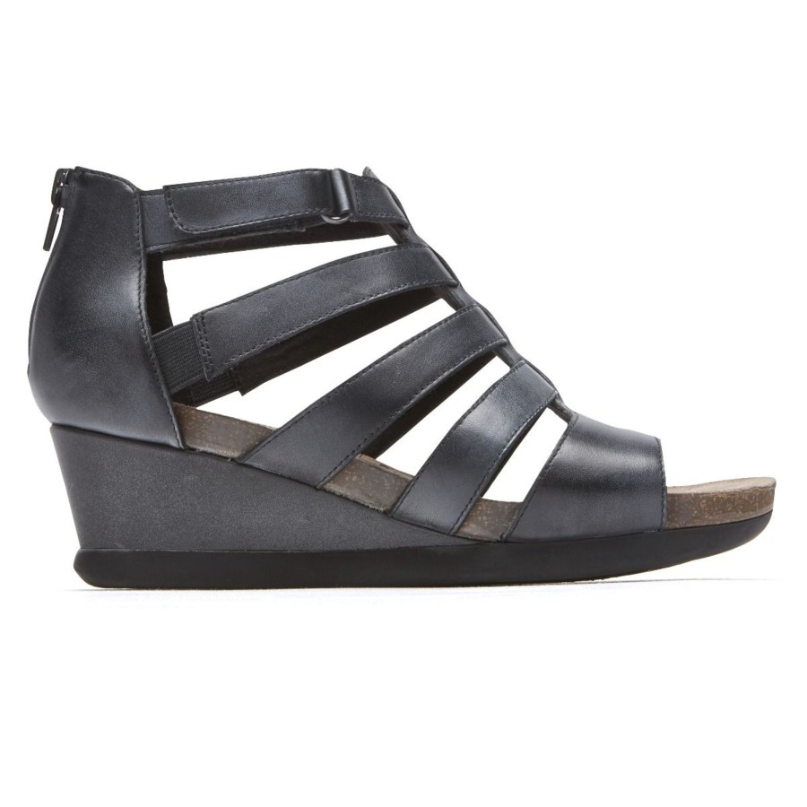 Women Rockport | Shona Black Leather Gladiator Wedge Sandal