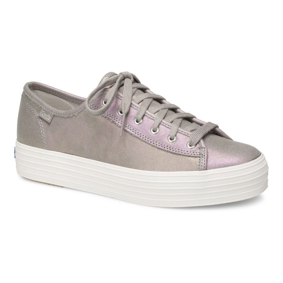 Women Keds | Triple Kick Grey Iridescent Leather Lace-Up Platform Sneaker