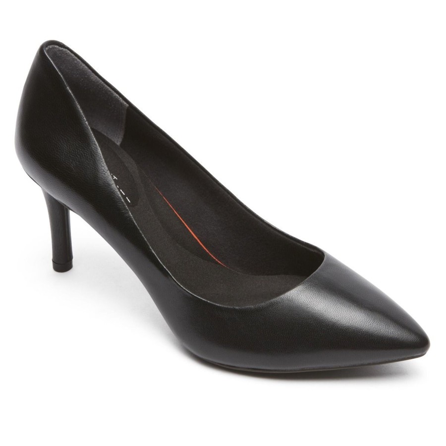 Women Rockport | Total Motion Black Leather Pointed Toe Heel Dress Pump