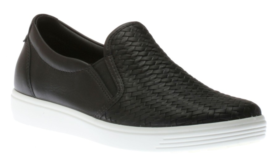 Women Ecco | Women'S Soft 7 Woven Black Leather Slip-On Sneaker