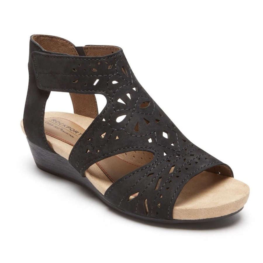 Women Rockport | Hollywood Black Leather Hi Caged Sandal