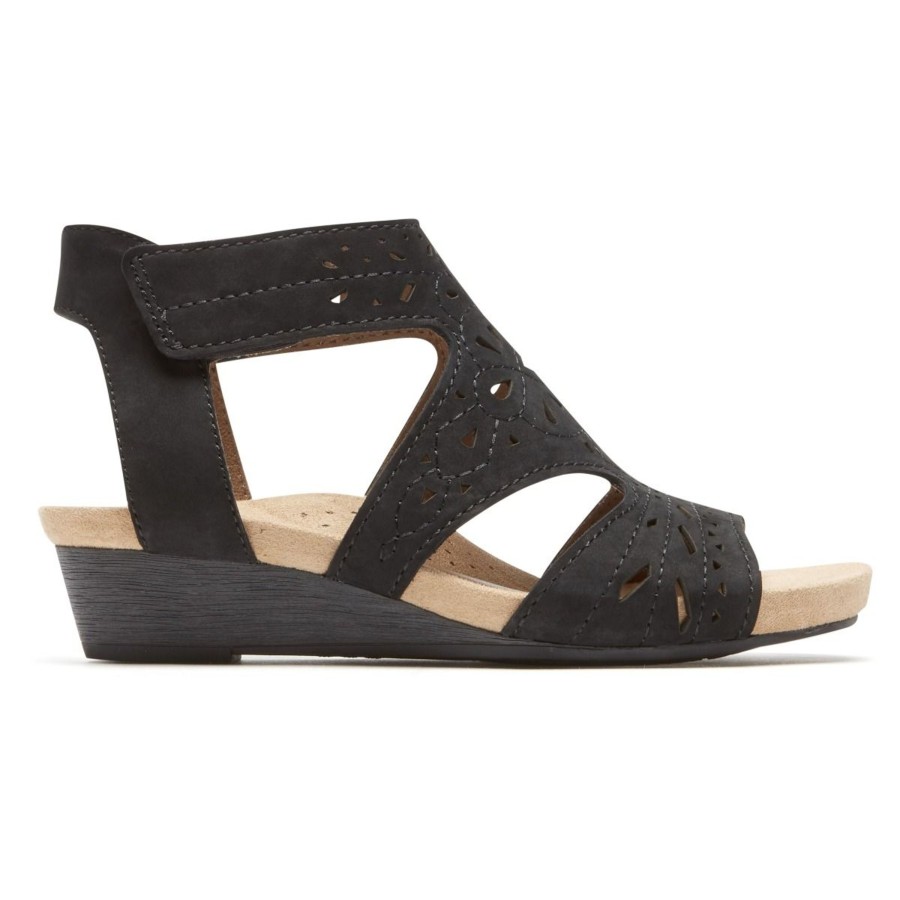 Women Rockport | Hollywood Black Leather Hi Caged Sandal