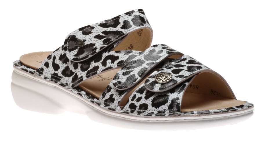 Women Finn Comfort | Ventura Black White Leopard Print Slide Sandal