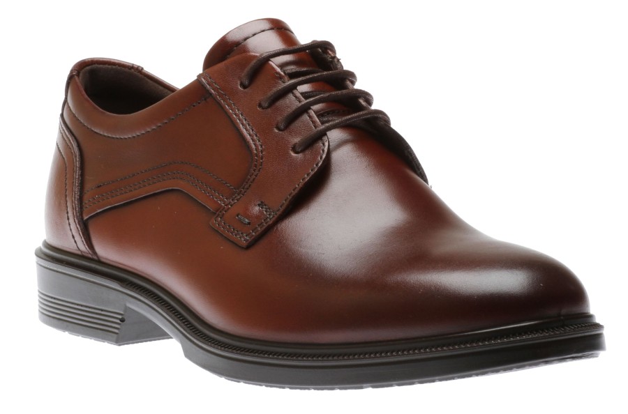 Men Ecco | Lisbon Cognac Brown Leather Lace-Up Plain Toe Dress Shoe