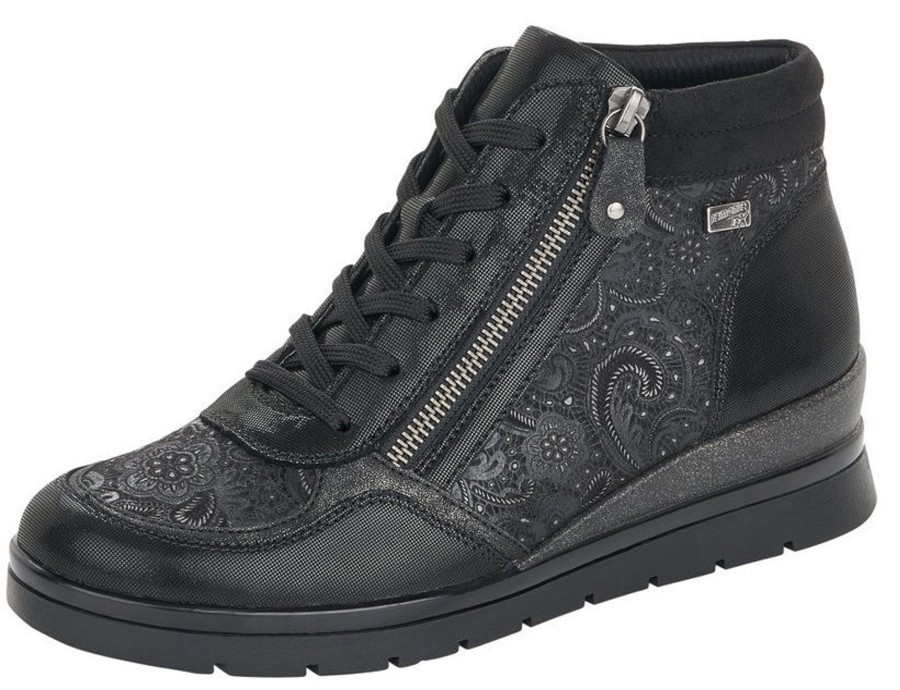 Women Remonte | Korfu Black Paisley Wedge Ankle Boot