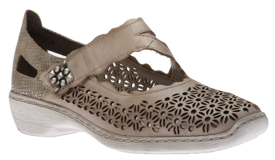 Women Rieker | Ravenna Beige Grey Perforated Cutout Mary Jane Shoe