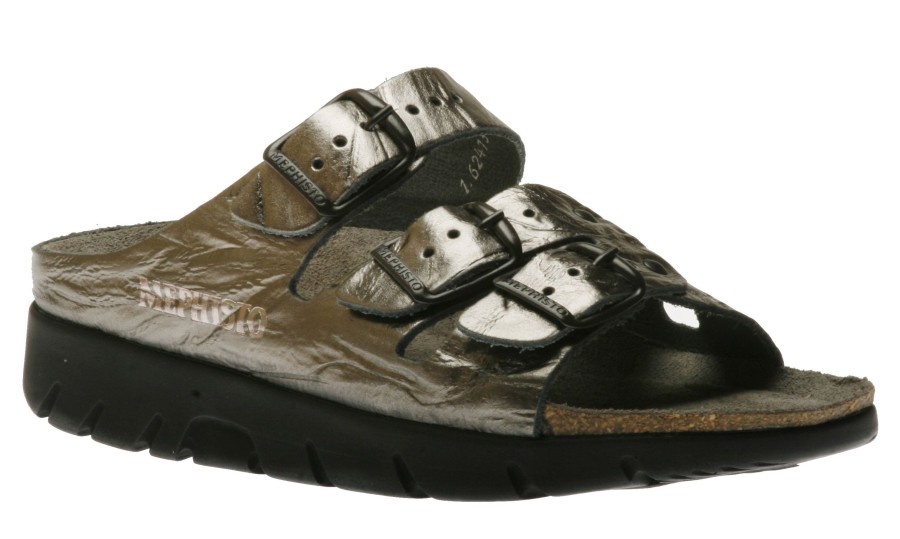 Women Mephisto | Zach Grey Metallic Leather Slide Sandal