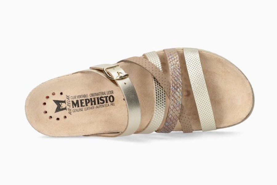 Women Mephisto | Huleda Gold Leather Multi Strap Slide Sandal