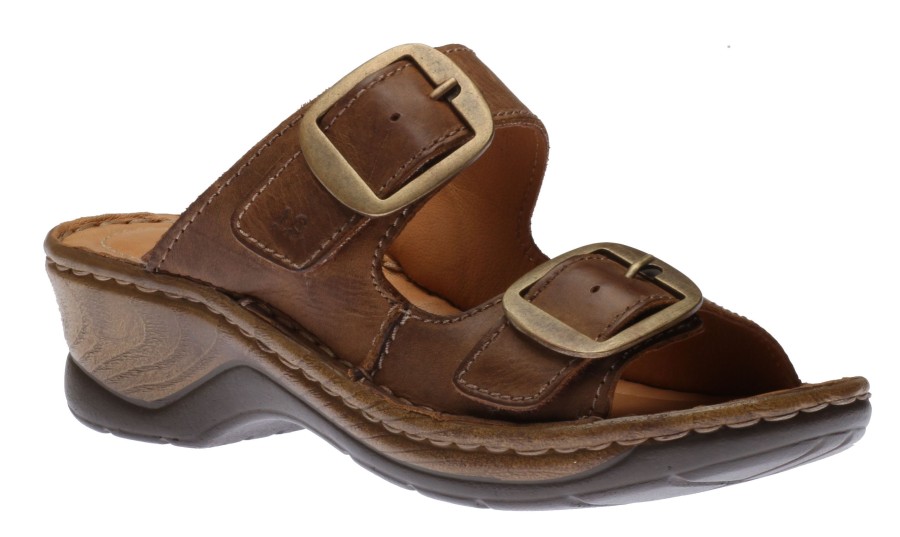 Women Josef Seibel | Catalonia 76 Brandy Brown Leather Big Buckle Slide Wedge Sandal