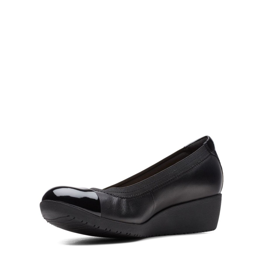 Women Clarks | Elin Palm Black Leather Wedge Heel