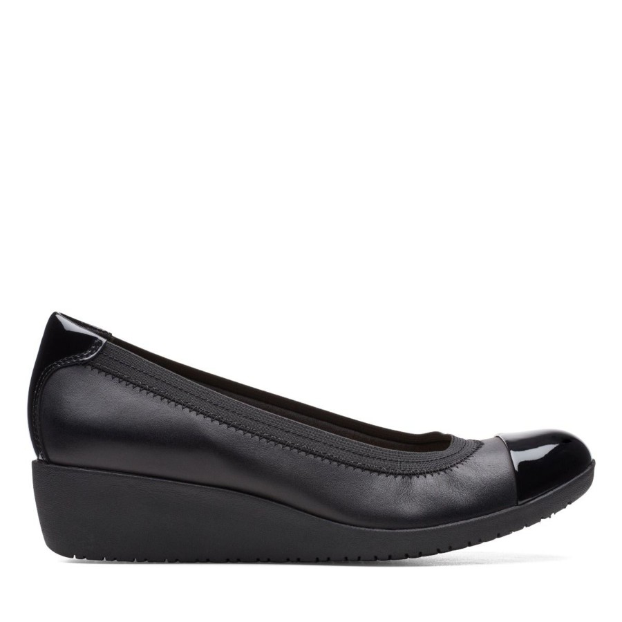 Women Clarks | Elin Palm Black Leather Wedge Heel