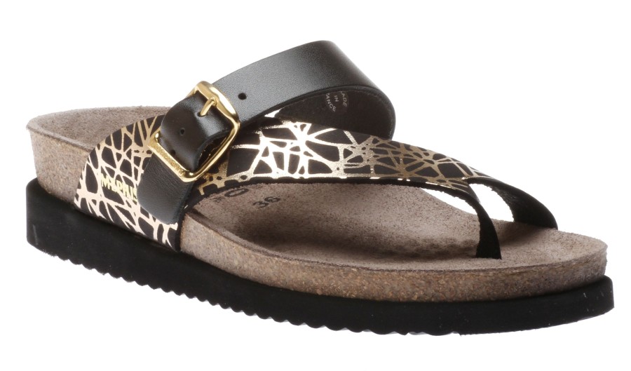 Women Mephisto | Helen Mix Black Gold Graphic Leather Thong Sandal