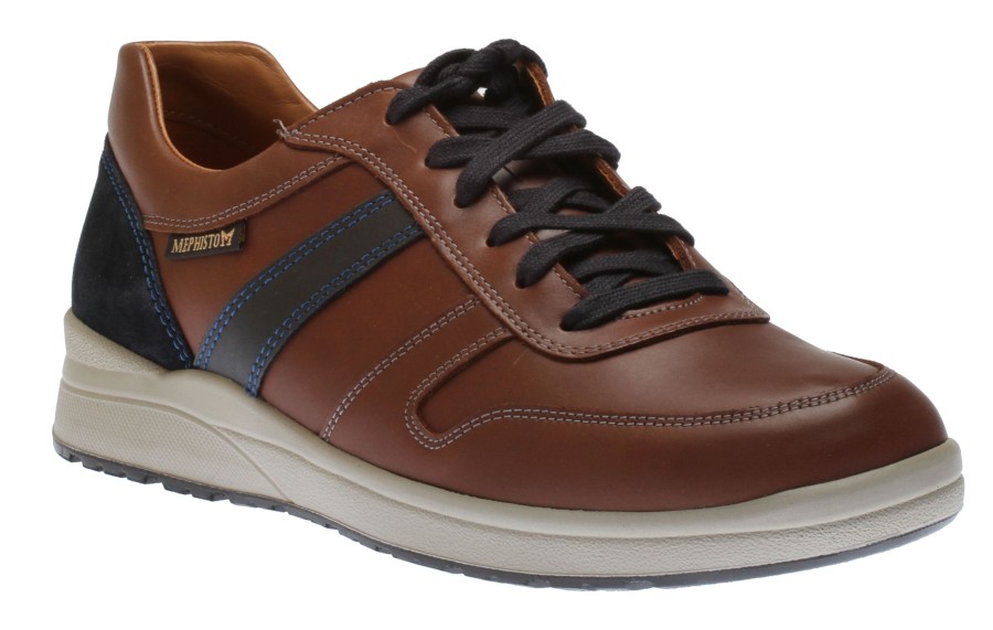 Men Mephisto | Vito Chesnut Brown Navy Leather Lace-Up Sneaker