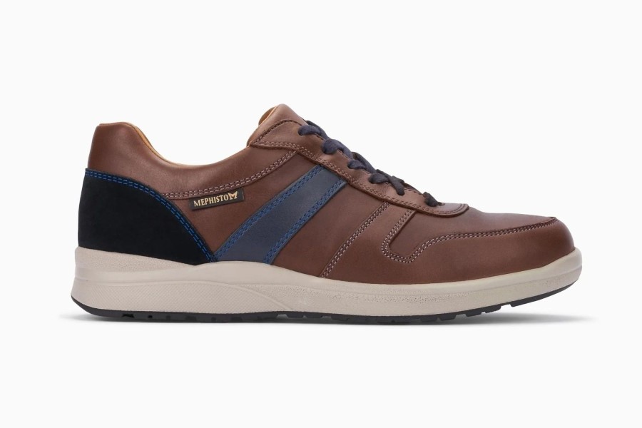 Men Mephisto | Vito Chesnut Brown Navy Leather Lace-Up Sneaker