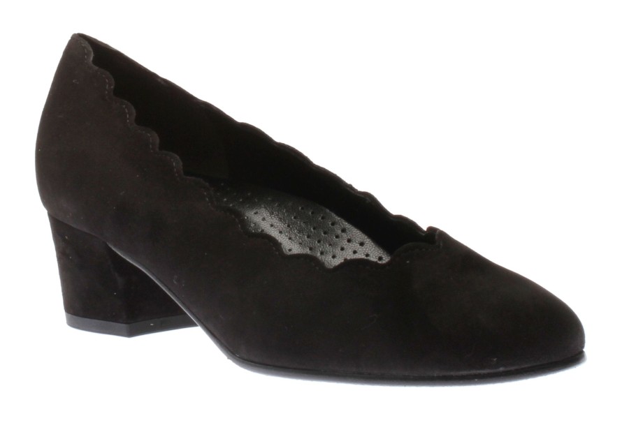 Women Gabor | 92.221.47 Black Suede Leather Scalloped Block Heel