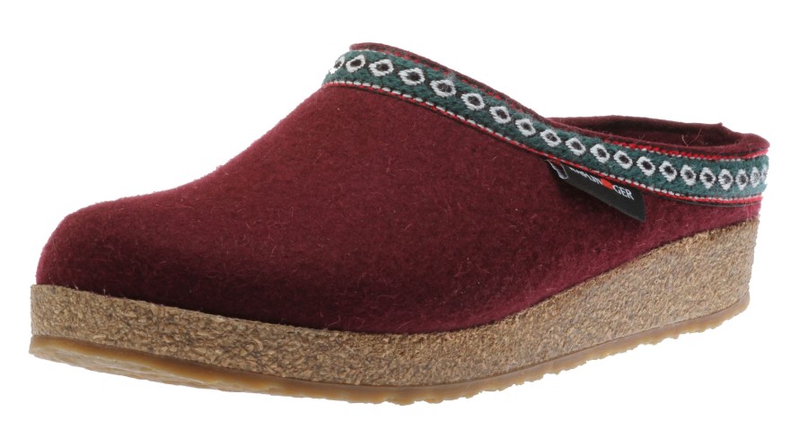 Women Haflinger | Grizzly Franzl Red Wool Felt Patterned Trim Clog