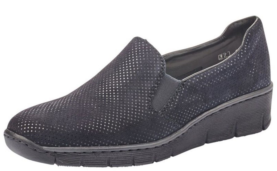 Women Rieker | Pisa Navy Silver Polka Dot Slip-On Wedge Loafer