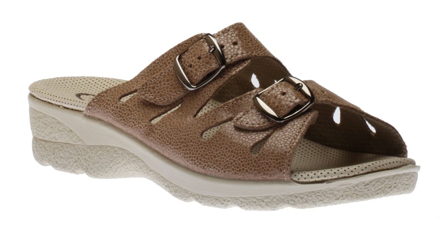 Women Lady Diana | Taupe Double Strap Buckle Slide Wedge Sandal