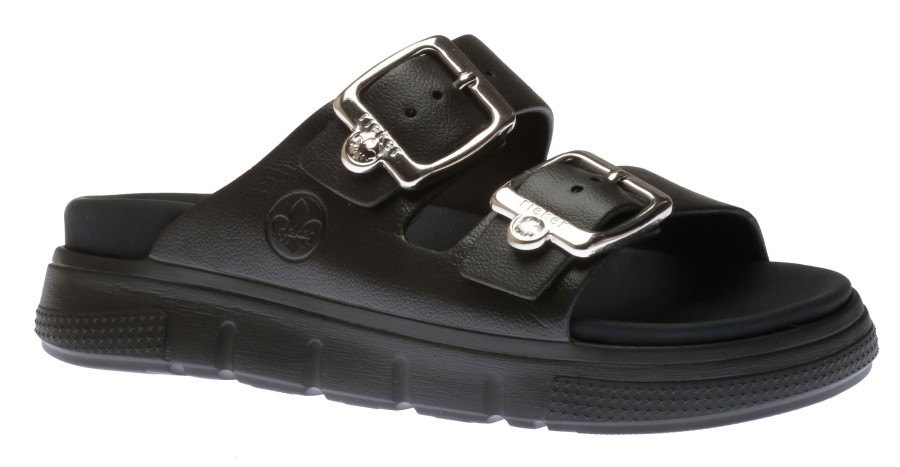 Women Rieker | Eva Black Double Strap Silver Buckle Slide Sandal