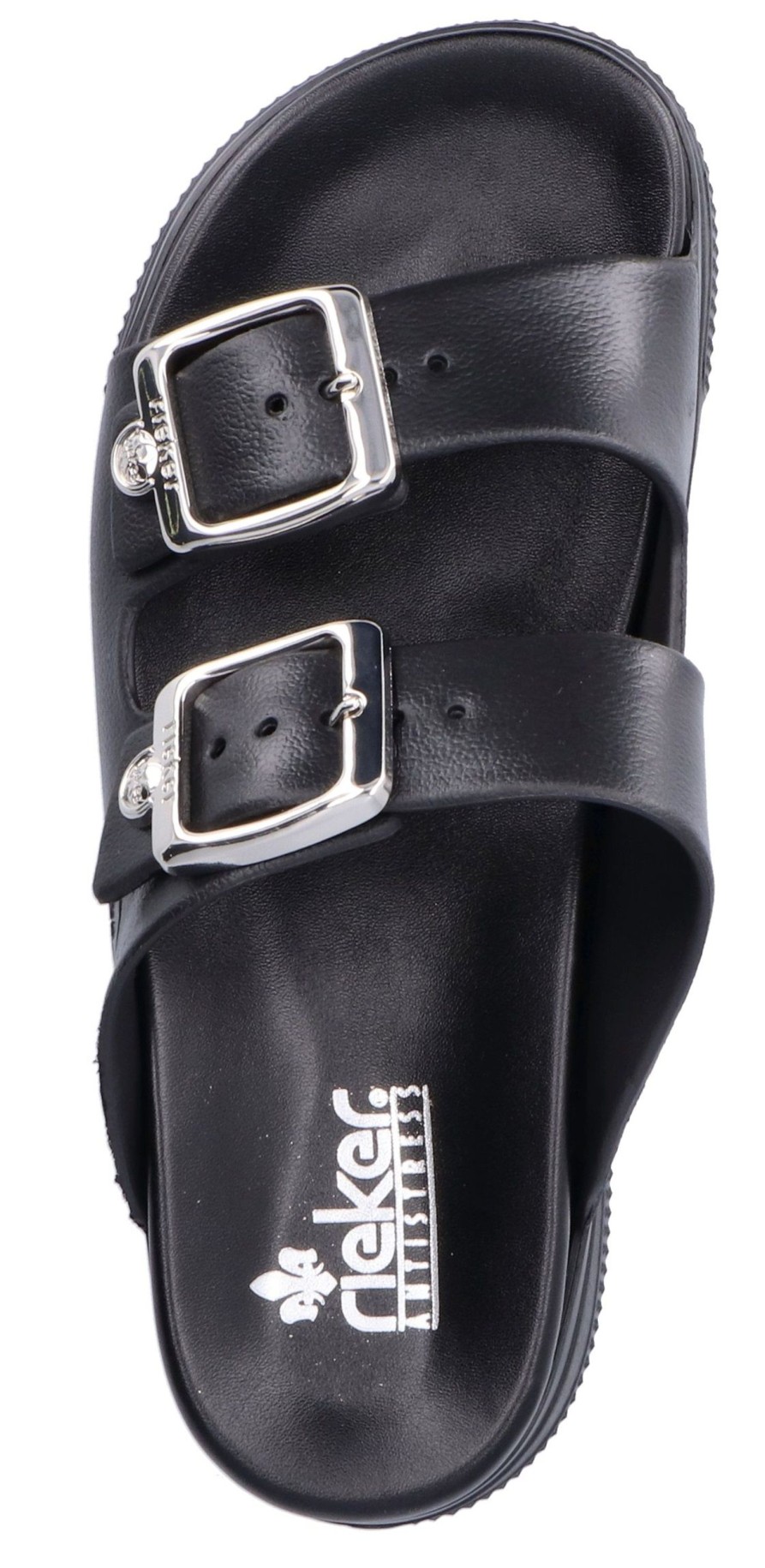 Women Rieker | Eva Black Double Strap Silver Buckle Slide Sandal