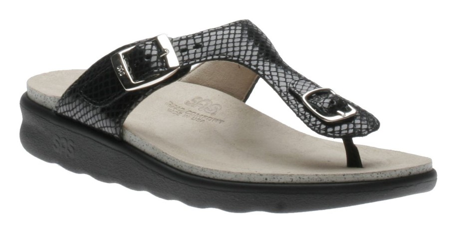 Women SAS Shoes | Sanibel Black Snake Thong Sandal