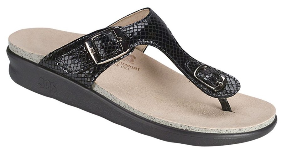 Women SAS Shoes | Sanibel Black Snake Thong Sandal