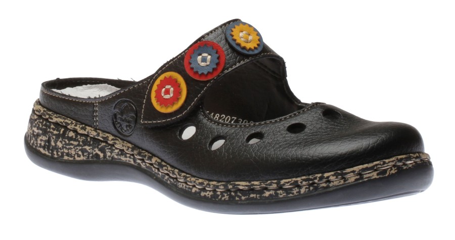 Women Rieker | Womens Black Leather Multicolour Medallion Clog