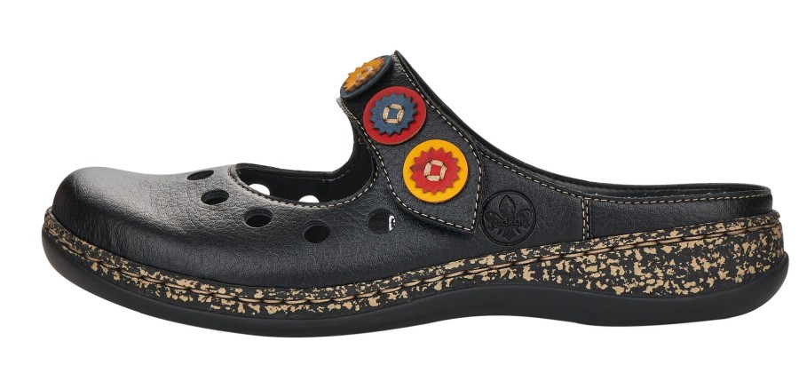 Women Rieker | Womens Black Leather Multicolour Medallion Clog